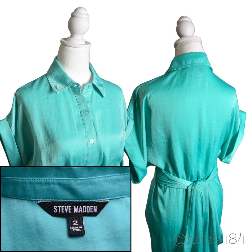 Steve Madden Midi Dress Women Size 2 Teal Tie Waist Draped Satin Shirt Dress - Picture 5 of 5